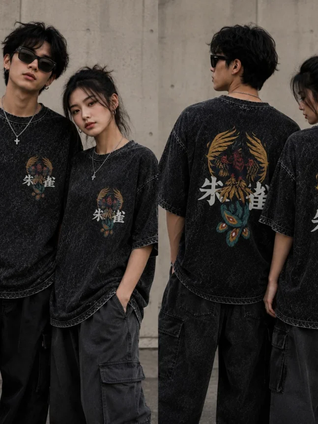The Rare Goat Oversized Black Phoenix Graphic Streetwear T-Shirt – Unisex Vintage Wash Couple Tee