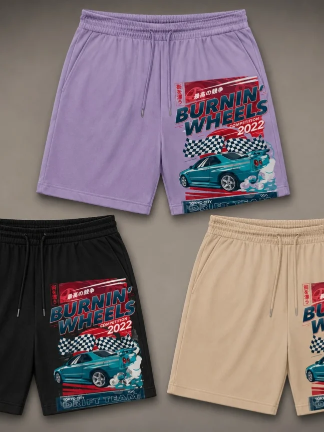The Rare Goat Burnin’ Wheels Racing Car Graphic Shorts – Lavender, Black & Beige Streetwear Set