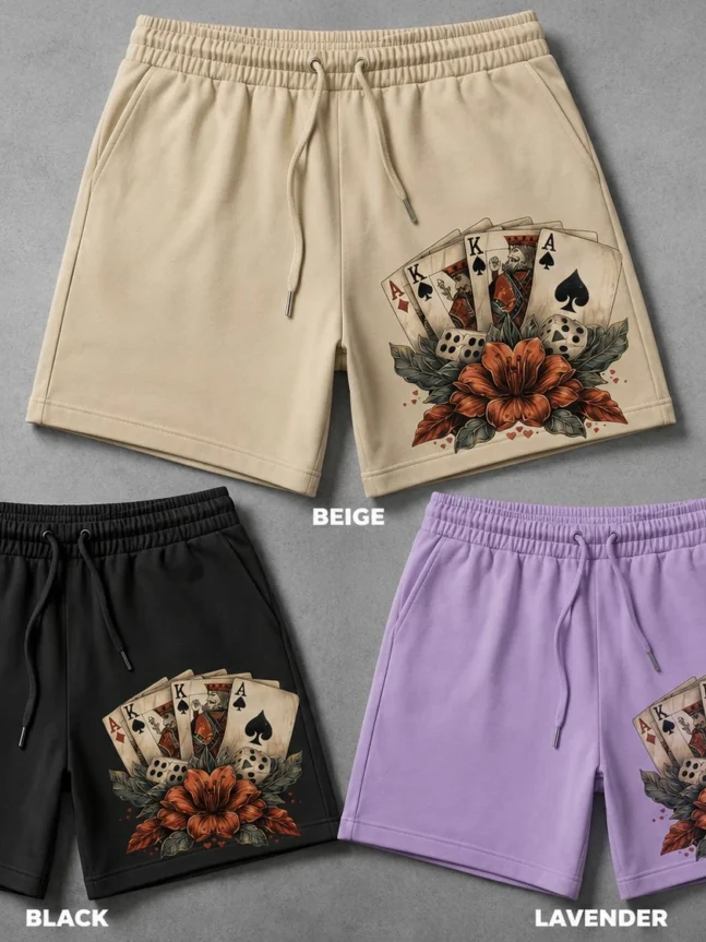 The Rare Goat Floral Aces Playing Card Graphic Shorts – Beige, Black & Lavender Streetwear