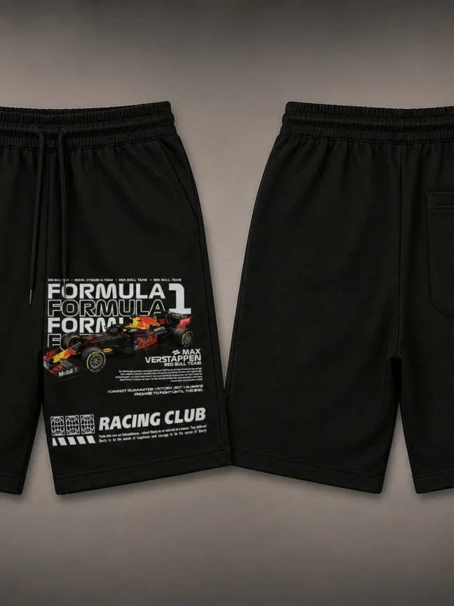 The Rare Goat Black Formula 1 Racing Club Graphic Shorts