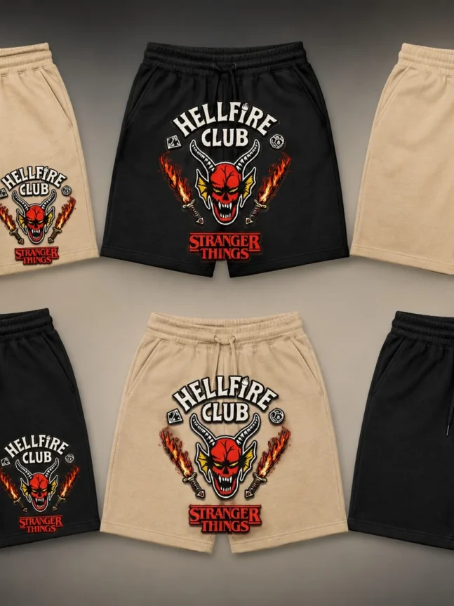 The Rare Goat Hellfire Club Stranger Things Graphic Fleece Shorts – Black & Beige Streetwear