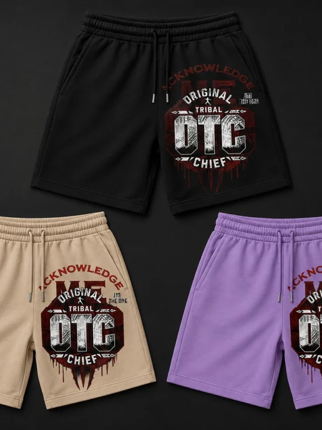 The Rare Goat Men's OTC Tribal Chief Graphic Shorts – Black, Tan & Purple Streetwear Set