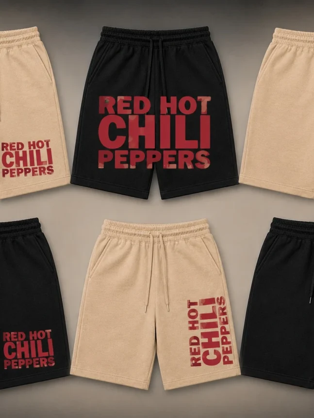 The Rare Goat Red Hot Chili Peppers Fleece Shorts – Black & Beige Band Logo Streetwear