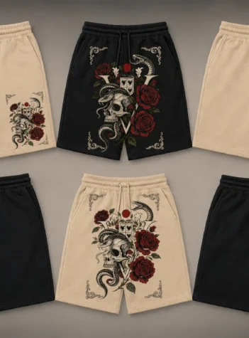 The Rare Goat Skull Snake Rose Graphic Shorts – Beige & Black Gothic Streetwear