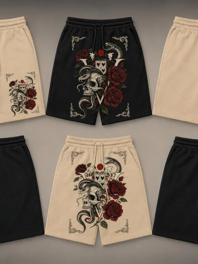 The Rare Goat Skull Snake Rose Graphic Shorts – Beige & Black Gothic Streetwear