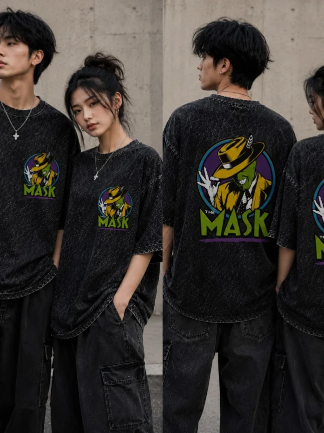 The Rare Goat Oversized The Mask Graphic Streetwear T-Shirt – Washed Black Unisex Tee